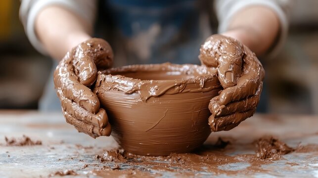 An artisan's hands skillfully shape a bowl of clay in a pottery studio, representing creativity, craftsmanship, and the tactile experience of making art from natural materials.