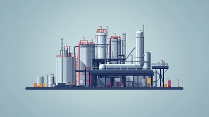 Fototapeta premium Digital illustration of an industrial refinery plant with storage tanks, pipelines, and structural platforms under a clear sky.