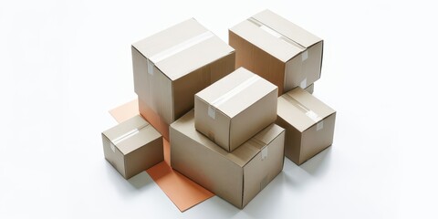 Neatly arranged cardboard boxes of varying sizes, showcasing a minimalist composition with soft neutral tones and a subtle orange accent, representing modern packaging and shipping solutions.