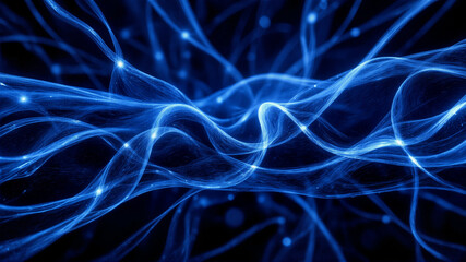 Fototapeta premium Blue light waves and particles on dark background