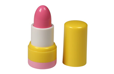 3D cartoon lipstick icon in pink and yellow on white base, beauty and cosmetic element