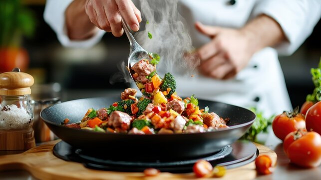 A chef skillfully preparing a colorful medley of vegetables in a wok, showcasing the art of cooking with vibrant colors and steam highlighting the freshness of ingredients.