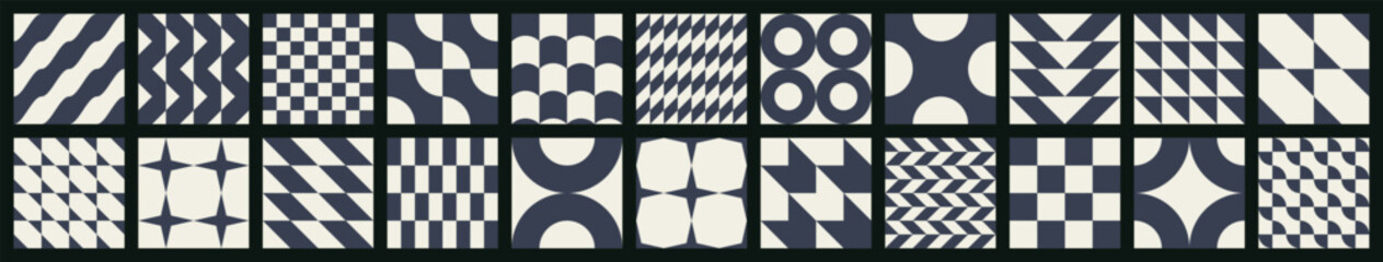 Big set of abstract contemporary seamless minimalism patterns of simple geometric shapes on a black background in brutalism style; black and white colors; flat style