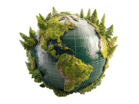 Green earth globe with lush vegetation and trees