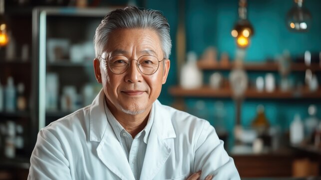 A senior scientist in a lab coat stands confidently in a well-organized laboratory filled with scientific equipment, embodying wisdom and dedication to research.