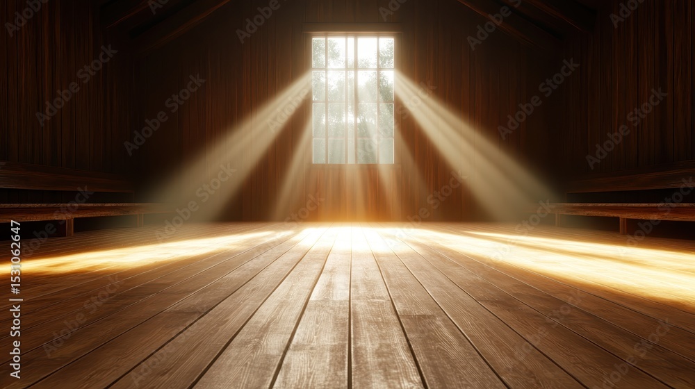 Poster a peaceful interior space illuminated by soft beams of light cascading through a window, reflecting 