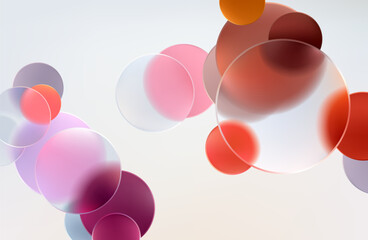 Colored circles and balls. Art geometric shapes in glass morphism style. Abstract vector background.