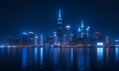 Obraz premium Blue lit up skyscrapers at night