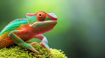 Obraz premium A vibrant chameleon perched on a mossy surface, showcasing its stunning colors and textures, highlighting the beauty and diversity of wildlife in its natural habitat.