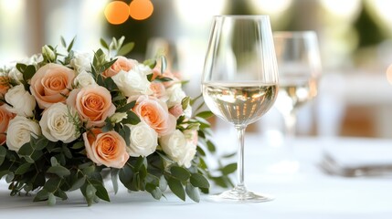 A stunning floral arrangement featuring soft roses and greenery next to a fine wine glass, set up in an elegant dining environment, creating a romantic ambiance for any occasion.