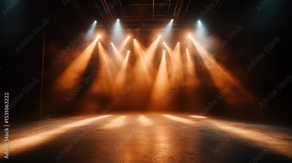 Aufkleber an empty stage illuminated by beams of warm light, set against a dark background, creating an inviti