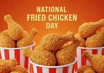 Celebrate National Fried Chicken Day with crispy golden drumsticks in red striped buckets against