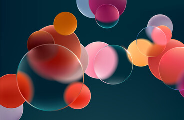 Colored circles and balls. Art geometric shapes in liquid glass style. Abstract vector background.