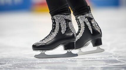 Close-up of a figure skate feet in graceful motion on the ice.