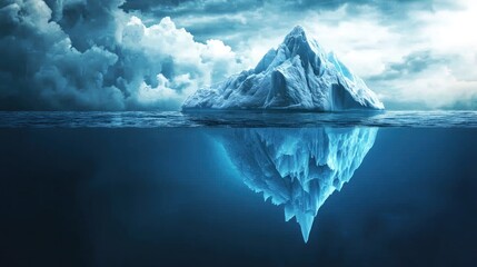 Obraz premium The tip of a large iceberg emerging from the sea against a cloudy sky.