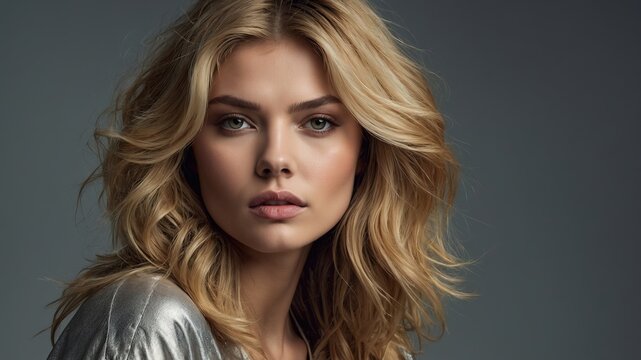 Retrato de una mujer joven y atractiva con expresi&oacute;n seria, cabello rubio voluminoso y fondo gris neutro en estudio profesional