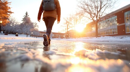A person walks along a snow-covered path in a serene campus setting during sunset, capturing the beauty and calmness of winter days and the warmth of sunlight.