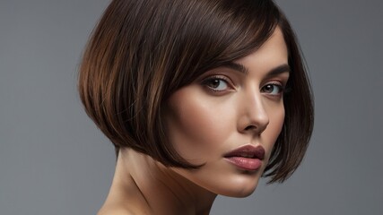 Primer plano detallado de la cara de una mujer caucásica con cabello castaño liso y mejillas sutilmente maquilladas.