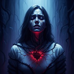 A portrait of a woman in despair with cracked skin and a glowing, fractured red heart visible in her chest, symbolizing heartbreak
