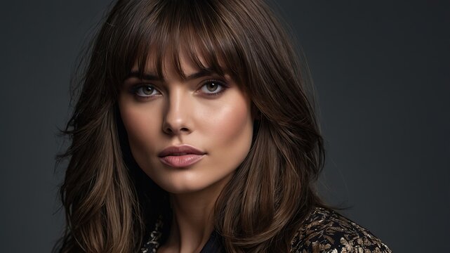 Fotograf&iacute;a de estudio de una mujer con cabello liso y casta&ntilde;o, flequillo y una mirada cautivadora, destacando su elegancia y naturalidad.
