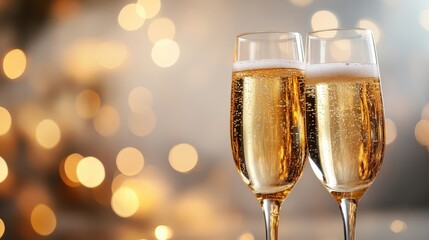 Two elegant champagne flutes clinking together, surrounded by sparkling lights, symbolizing celebration and joy, perfect for marking special occasions.