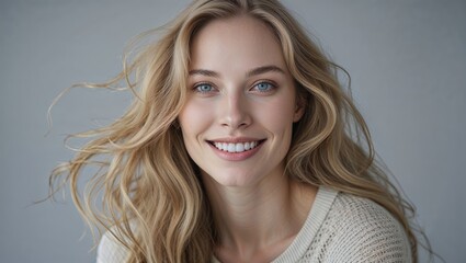 Imagen clara y profesional de mujer rubia con ojos azules joven y sonrisa brillante, fondo gris claro, y estética natural y auténtica
