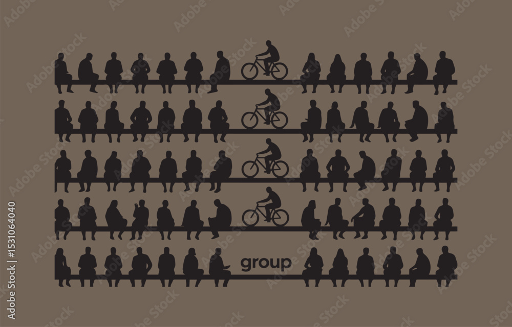 Poster silhouetted people sitting on benches with cyclists representing a group in a patterned arrangement 