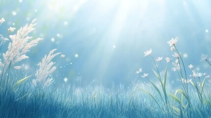 Gentle pastel meadow of wildflowers bathed in soft light.