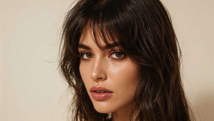 Joven mujer caucásica con un look sofisticado y distintivo, su cabello largo y oscuro enmarcando un rostro sereno y expresivo en un estudio.