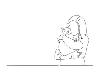 Happy woman hugging cute cat single outline illustration. Continuous line art drawing of woman hugging puppy. Editable stroke.