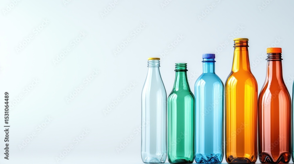 Aufkleber an array of colorful assorted bottles in varying sizes and shapes laid against a clean white backgro