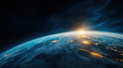 Fototapeta premium A stunning perspective of Earth from space, featuring illuminated continents and the radiant sun rising over the planet, symbolizing beauty and unity in our shared home.