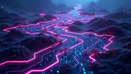 Obraz premium Circuit board landscape glows with pink and blue neon lights