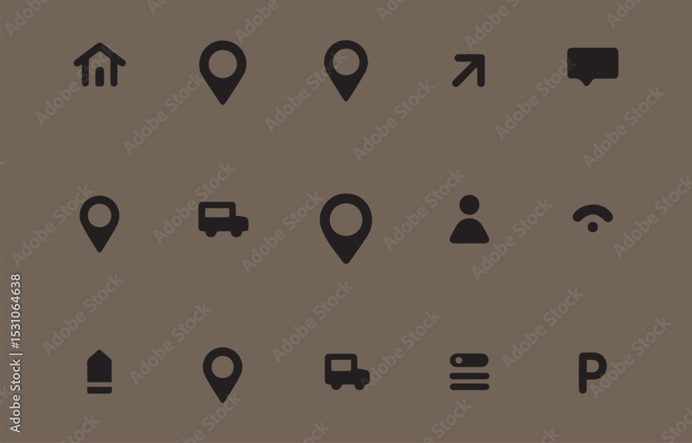 Poster collection of minimalist black icons on a brown background representing navigation and location serv