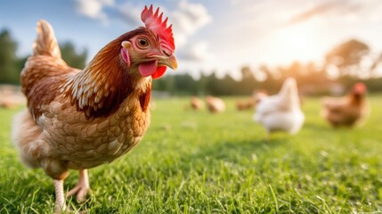 Fototapeta premium A beautiful hen confidently exploring a lush green field, symbolizing freedom and life in a natural, serene countryside setting, perfect for nature lovers.