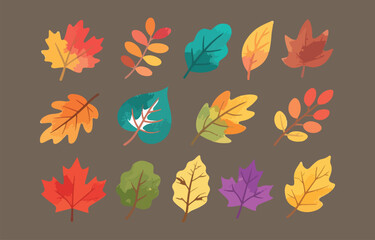 Obraz premium Collection of Colorful Autumn Leaves in Various Shapes and Shades on a Brown Background for Seasonal Designs and Creative Projects