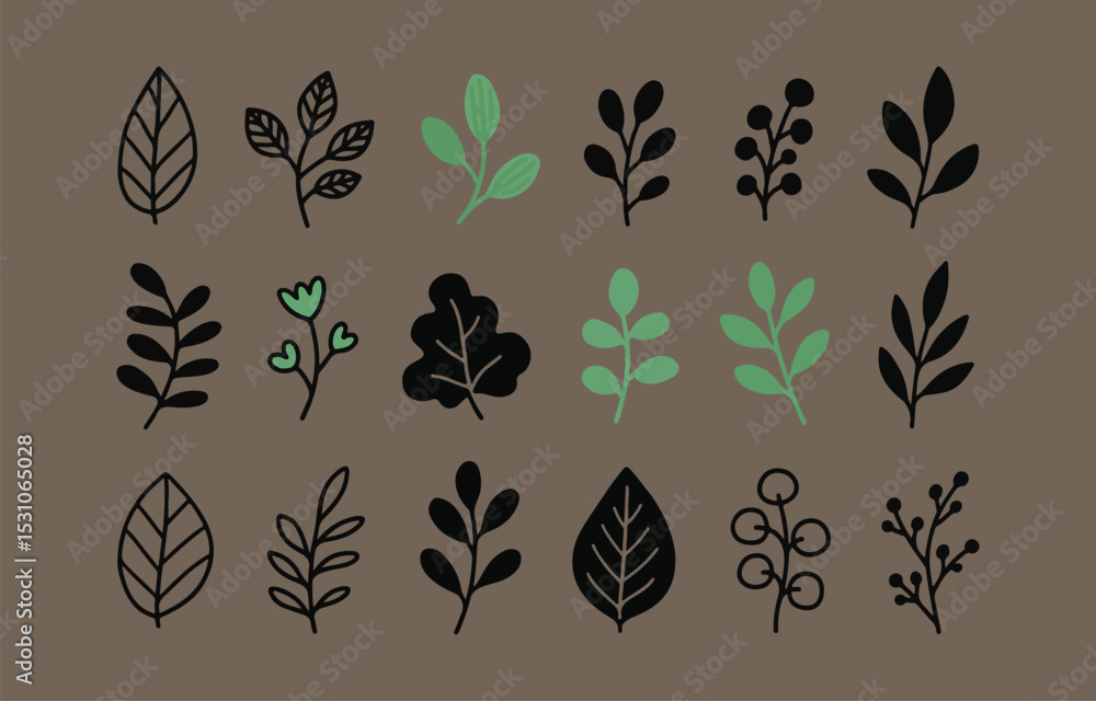 Poster hand drawn leaf and branch seamless pattern with black and green elements on a brown background for 