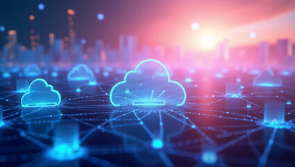 Obraz premium Cloud computing network connecting data across a digital cityscape