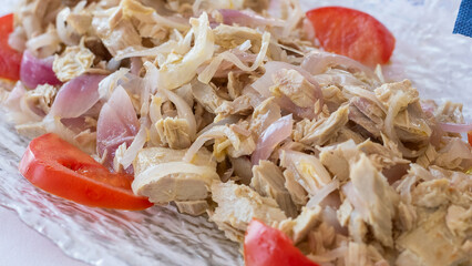 Fresh Tuna Salad with Onions and Cherry Tomatoes. Italian Mediterranean Cuisine