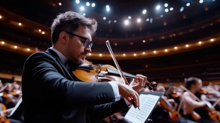 Fototapeta premium An accomplished violinist in formal attire passionately plays at a grand orchestra, captivating the audience with beautiful melodies that demonstrate artistic dedication and mastery of music.