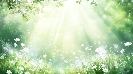 Lush green meadow blanketed with white flowers bathed in sunlight.