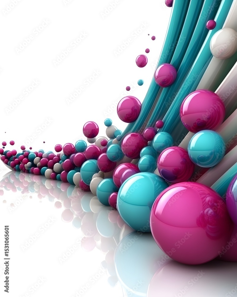 Poster abstract composition with colorful spheres and curved lines creating dynamic visual interest on a wh