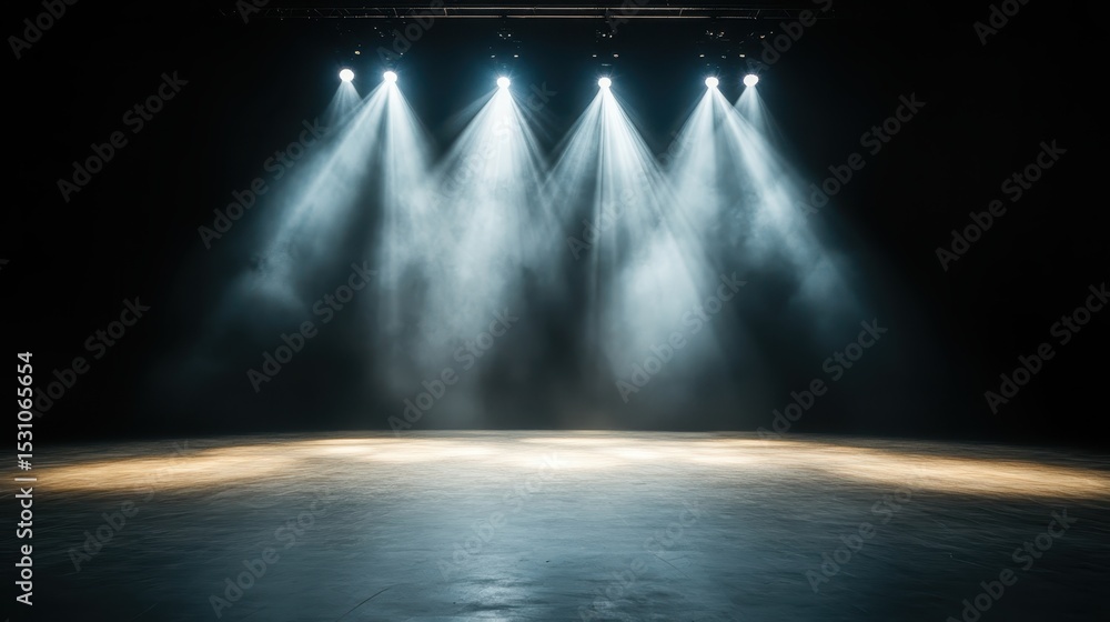 Poster a dimly lit stage is illuminated with bright spotlights piercing through the haze, creating a dramat