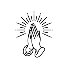 Praying Hands with Rays of Light Black and White Illustration