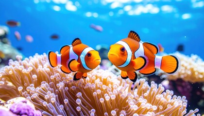 Captivating underwater scene showcasing vibrant clownfish amongst coral reef life