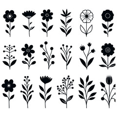 Black Silhouette Floral Clipart Collection Vector Decorative Flower Icons