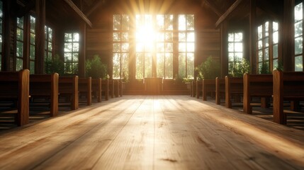 A serene interior of a rustic space adorned with wooden pews bathed in sunlight, creating a peaceful atmosphere ideal for reflection, gatherings, or spiritual moments.
