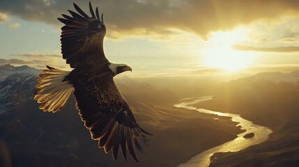 Obraz premium Eagle Soaring Over Mountainous Landscape at Sunset