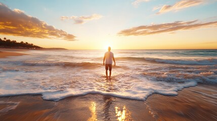 A silhouette of a man standing in gentle waves at sunset captures a moment of peace and reflection, as the sun sets beautifully over the horizon by the ocean.