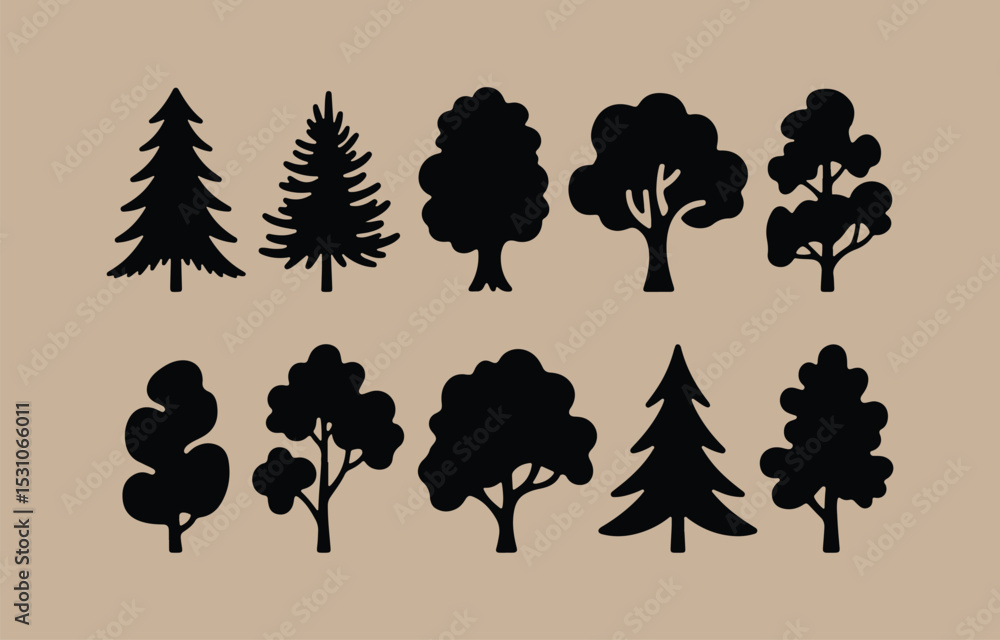 Poster collection of tree silhouettes on a beige background including conifers and deciduous trees for fore